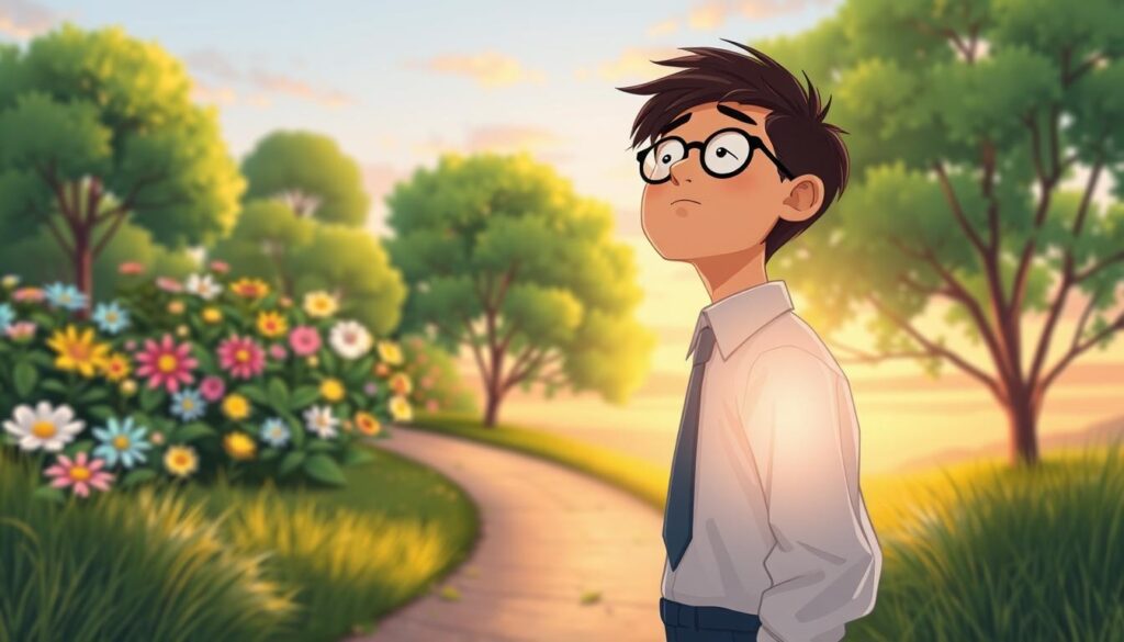 A serene, abstract representation of emotional growth, featuring a young adult in professional attire standing on a path that winds through a lush, green landscape, symbolizing personal development. In the foreground, the individual gazes upward, their face reflecting contemplation and hope. The middle ground showcases a variety of vibrant flowers and trees, each representing different emotions, blooming in colors like soft blue, bright yellow, and calming green. The background reveals a soft sunset sky, blending warm oranges and cool purples, enhancing the uplifting mood of the scene. Use soft, diffuse lighting to create a tranquil atmosphere, focusing on a slight vignette effect to draw attention to the figure. Capture this moment from a slightly low angle, emphasizing the journey toward growth. nextself.ai