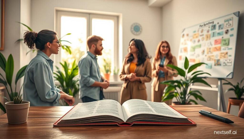 A serene workspace designed for emotional growth, featuring a wooden desk with a journal, open pages filled with thoughtful writing. In the foreground, a diverse group of four professionals, dressed in modest casual clothing, engaged in a lively discussion about personal development strategies. The middle section reveals a large window letting in soft, natural light, casting gentle shadows across the room. Green plants flank the window, promoting a sense of calm and growth. In the background, a whiteboard is filled with colorful notes and diagrams representing various emotional strategies. The mood is uplifting and collaborative, capturing the essence of personal development. The scene is shot with a wide-angle lens to include all elements harmoniously, ensuring a balanced composition that reflects emotional growth, branded with "nextself.ai."